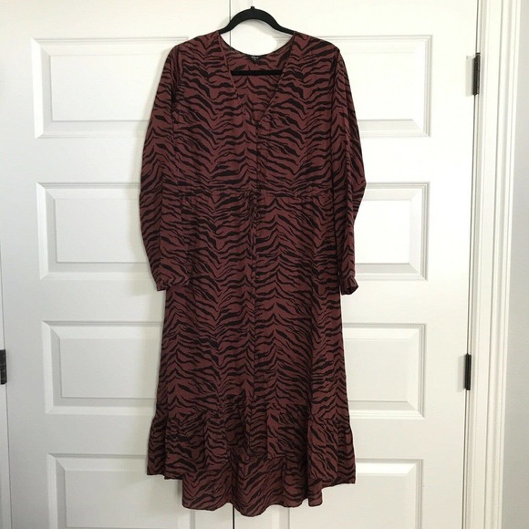 RAILS Rust Black JADE Tiger Stripe High/Low Ruffle Hem Midi Dress V-Neck Medium - Picture 2 of 5